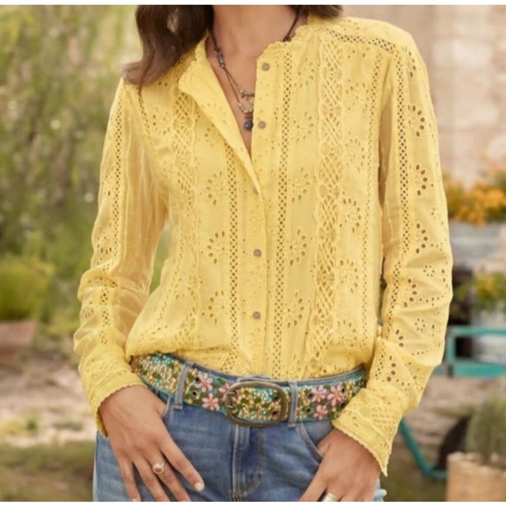 Sundance 100% Cotton Eyelet Lace Boho Western Button Long Sleeve Top - L